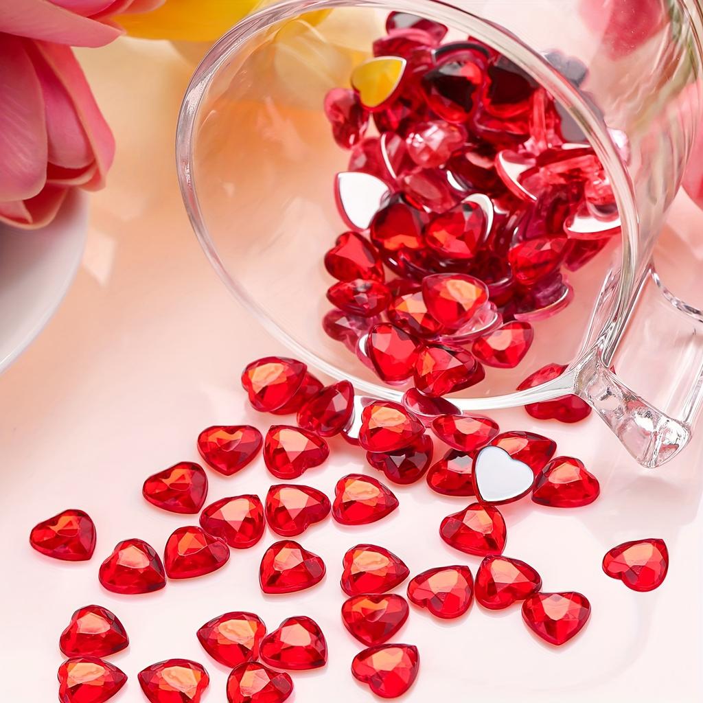 2D Flat, 100pcs 12mm Hearts Crystals Red/Pink Glitter Flat Back Heart Rhinestone Sparkling Stones Acrylic Faux Decoration