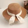 Straw Hat Lightweight Breathable Flat Top Wide Brim Sun Protection Hat Metal Buckle Ribbon Decorated Hat Summer Beach Hat