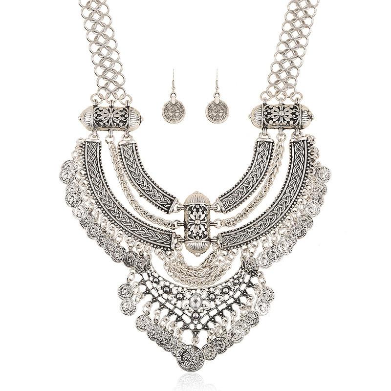Finish Antique Coin Necklace Earrings With Bold Chain Women Accessories Elegant