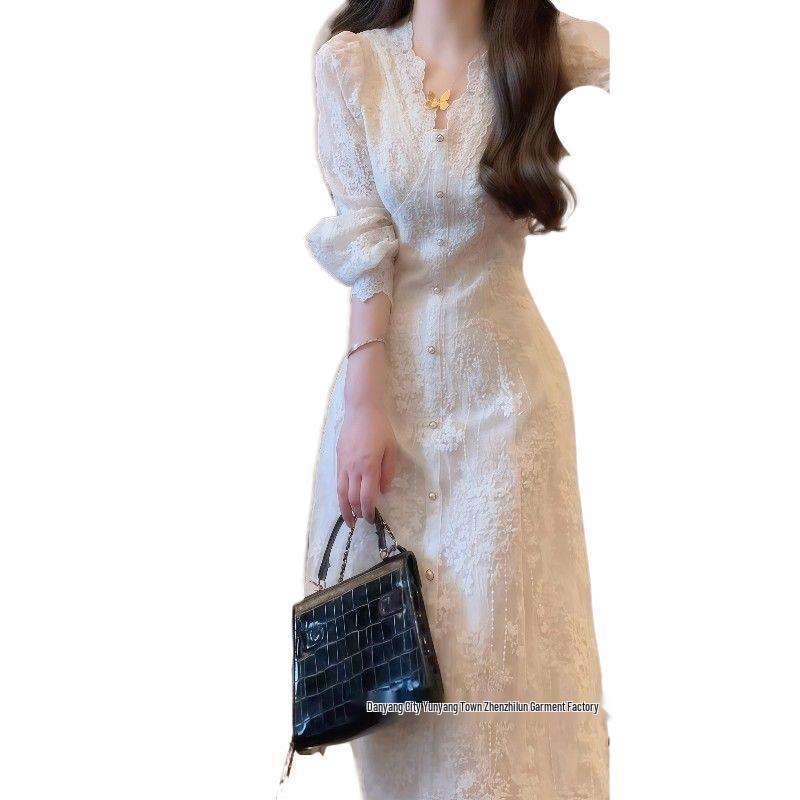 2025 Autumn French Sweet Style White Lace Long Sleeve Dress with Tie Waist