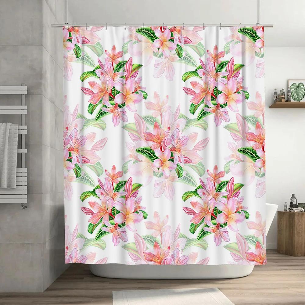 Vintage Floral Shower Curtain Pink Lilies With Green Leaves For Bathroom Decorations Waterproof Fabric Bathroom Curtains With