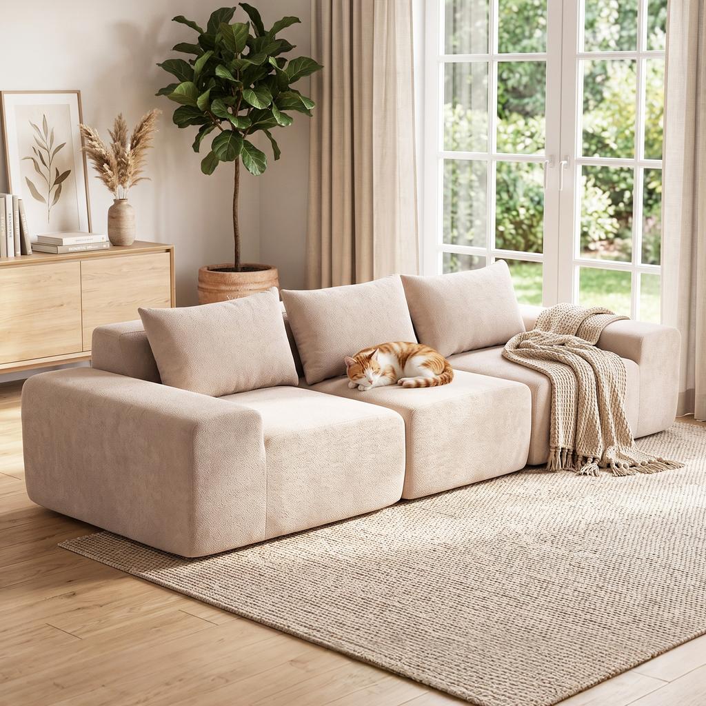 Chenille Sofa, 3-Seater, 320 cm, Modular, Extra-Wide Seat and Armrests, Beige