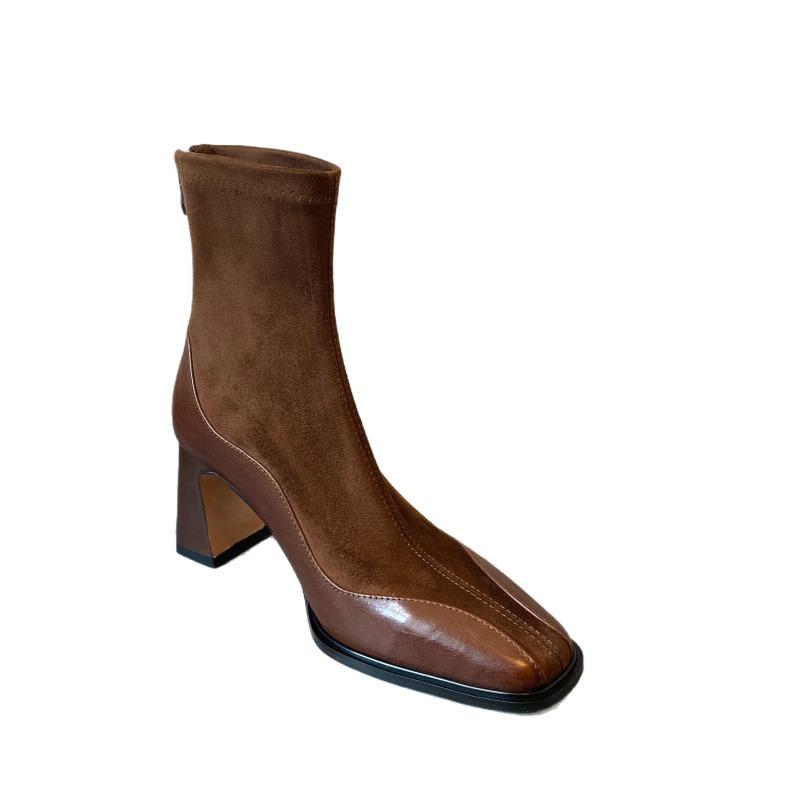 Square head thin boots women's splicing high-heeled short boots autumn and winter new rear zipper thin elastic fashion boots thick heel