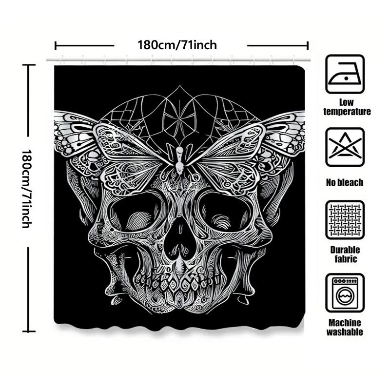 Tuniu Black Skull Bathroom Curtain, Vintage Skeleton Design, Unique Wall Decor, Gothic Style, Decorative Shower Curtain