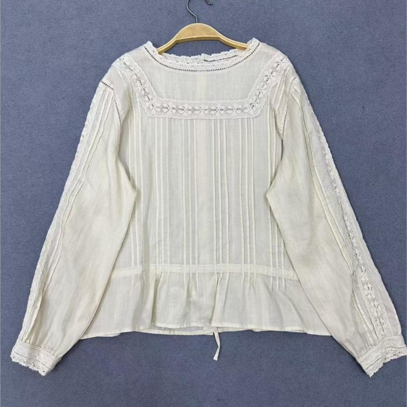 Johnature Japanese Lace Neckline Shirts Spring Summer Pressed Panel Ramie Pullover Thin Loose Casual Shirts Women