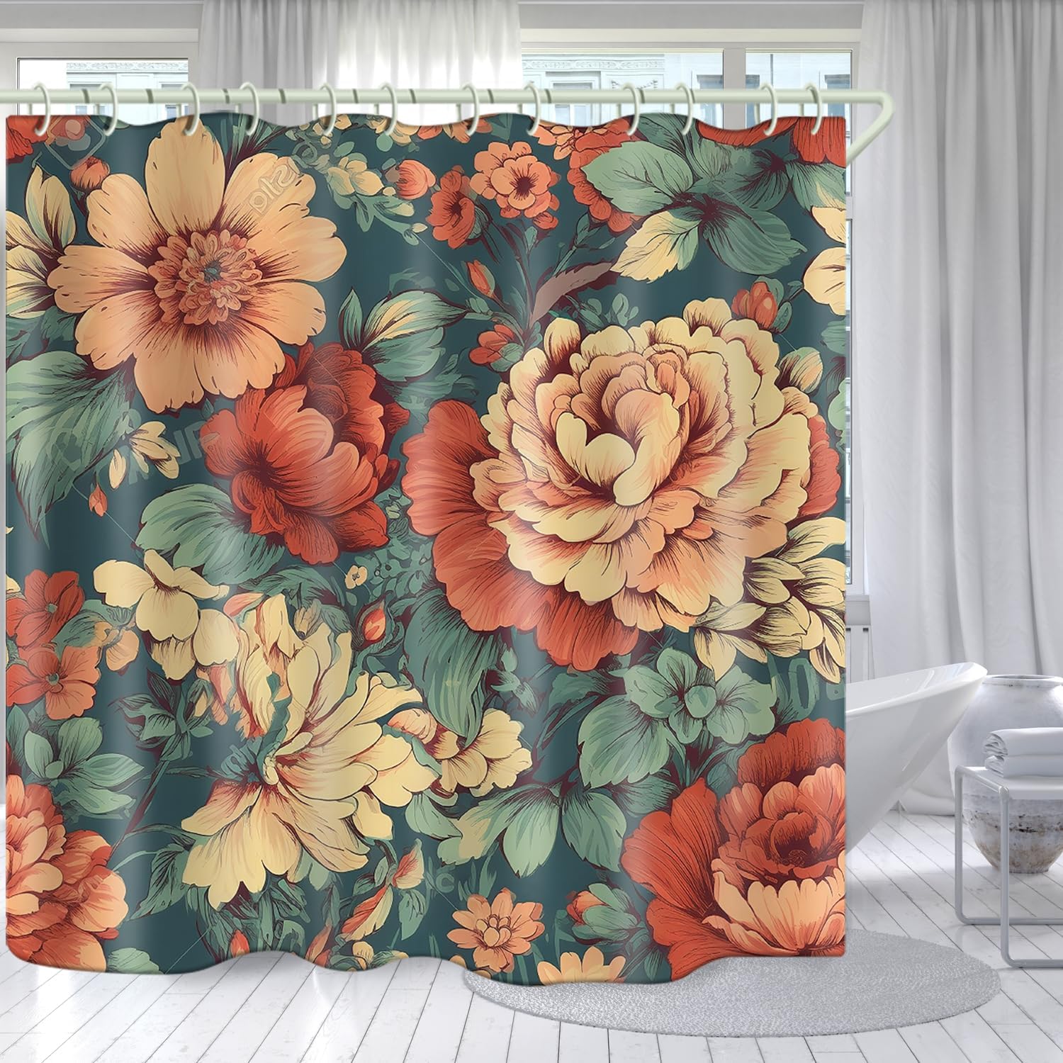 

Bathroom Uses Vintage Flower 3D Shower Curtain, Luxury Bathtub Standard Shower Curtain, Waterproof And Bright Fabric Shower Curt W60H190(CM)-1 Pcs