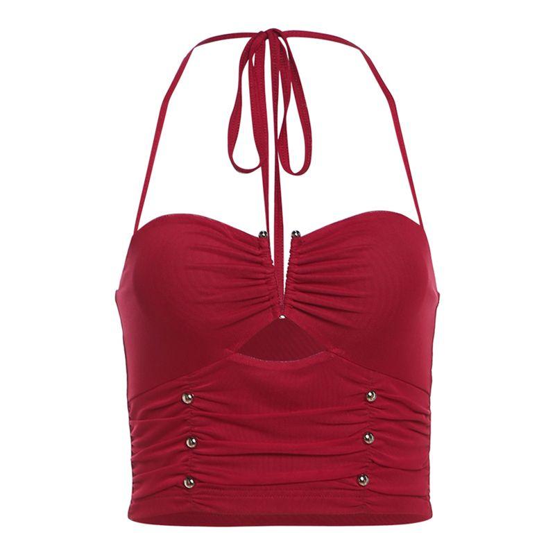 

# Sisjuly# Гонконгский колорит Ретро Простой дизайн Ажурный Слинг Женский На все случаи жизни Приталенный Жилет с открытым пупком Модный Крутой Red M