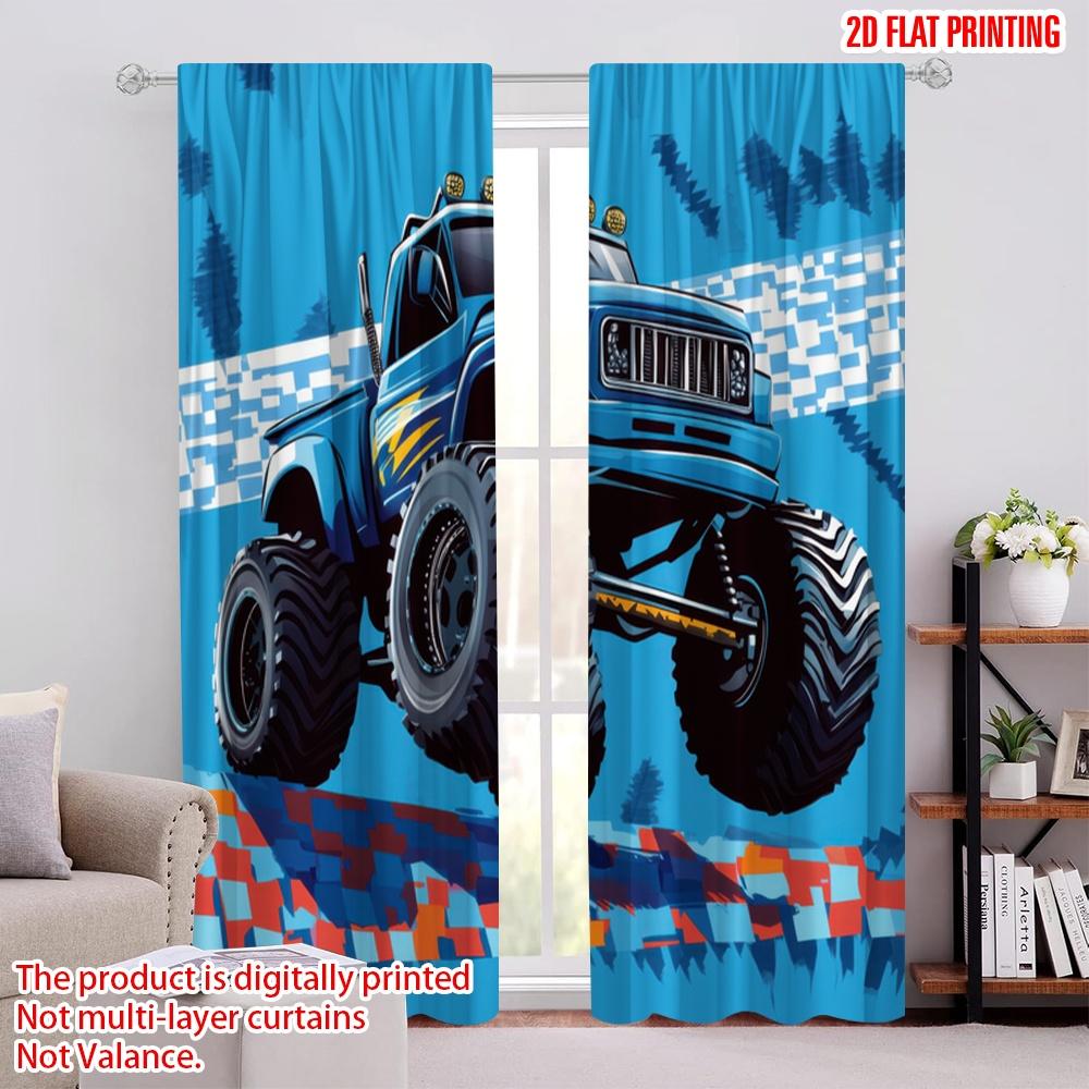 2pcs,2D Plane Printing Popular Curtain Panels Monster Truck Zoom Polyester Fabric (without Rod) Holiday for Bedroom, Living