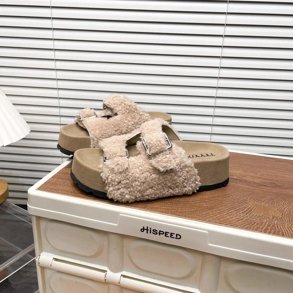 Spring and Autumn New Wool Slippers Women's Cork Slippers Casual One-Word Slippers Women's Summer Outer Wear Fluffy Slippers Women