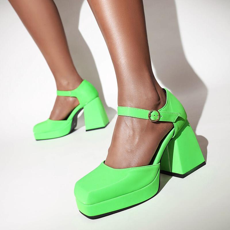 Sepatu Wanita Gesper Hak Tinggi Super Tebal Platform Sandal Kaki Persegi Tali Pergelangan Kaki Kulit Asli Wanita Musim Panas Hitam 2025
