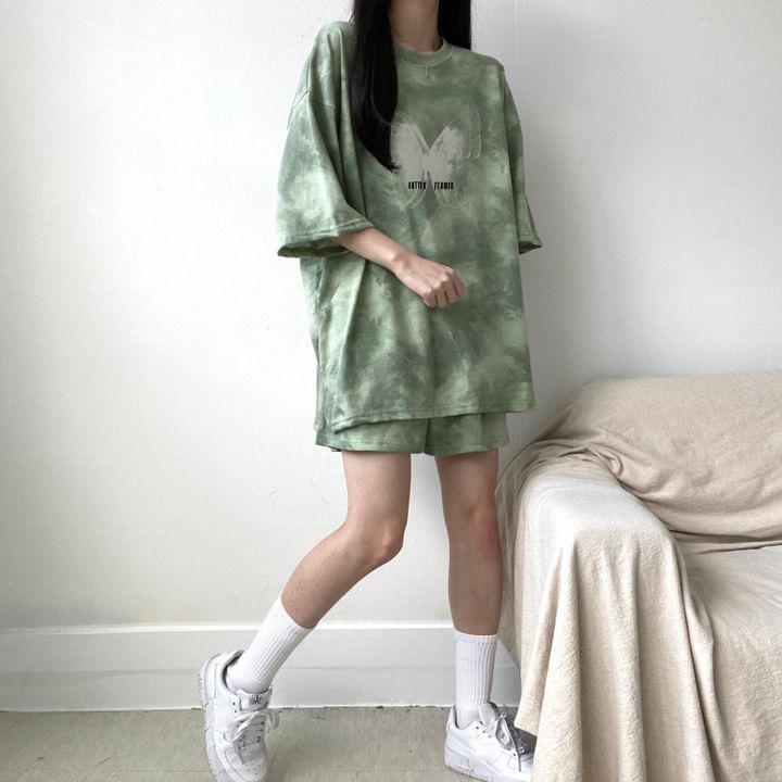 Women Summer Casual Sports Loose Short Sleeve Top & Shorts Butterfly Tie-dye Printed Cotton Outfit Two Piece Clothes Set