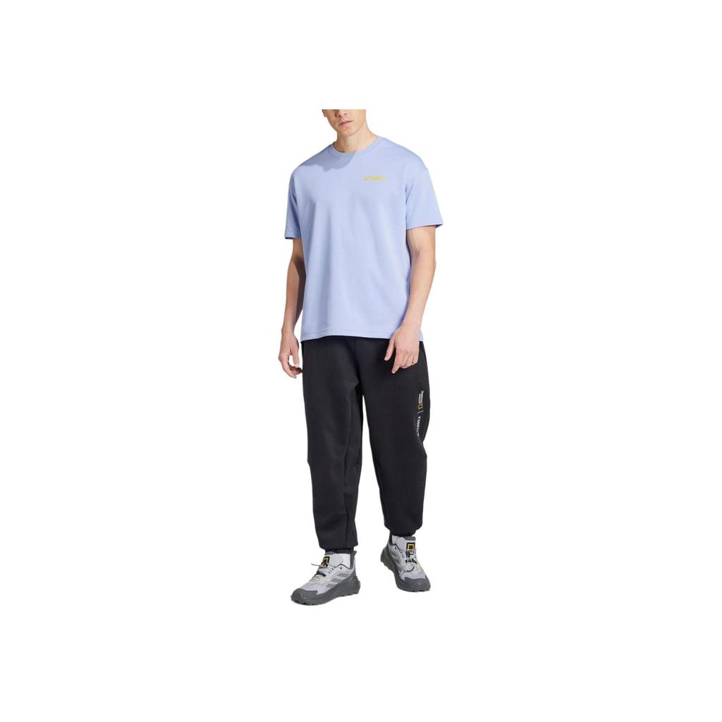 Adidas X National Geographic Graphic Print Quick-Dry Loose Short Sleeve Crew Neck T-Shirt, Unisex Outdoor Casual Tops Light Blue IX5615