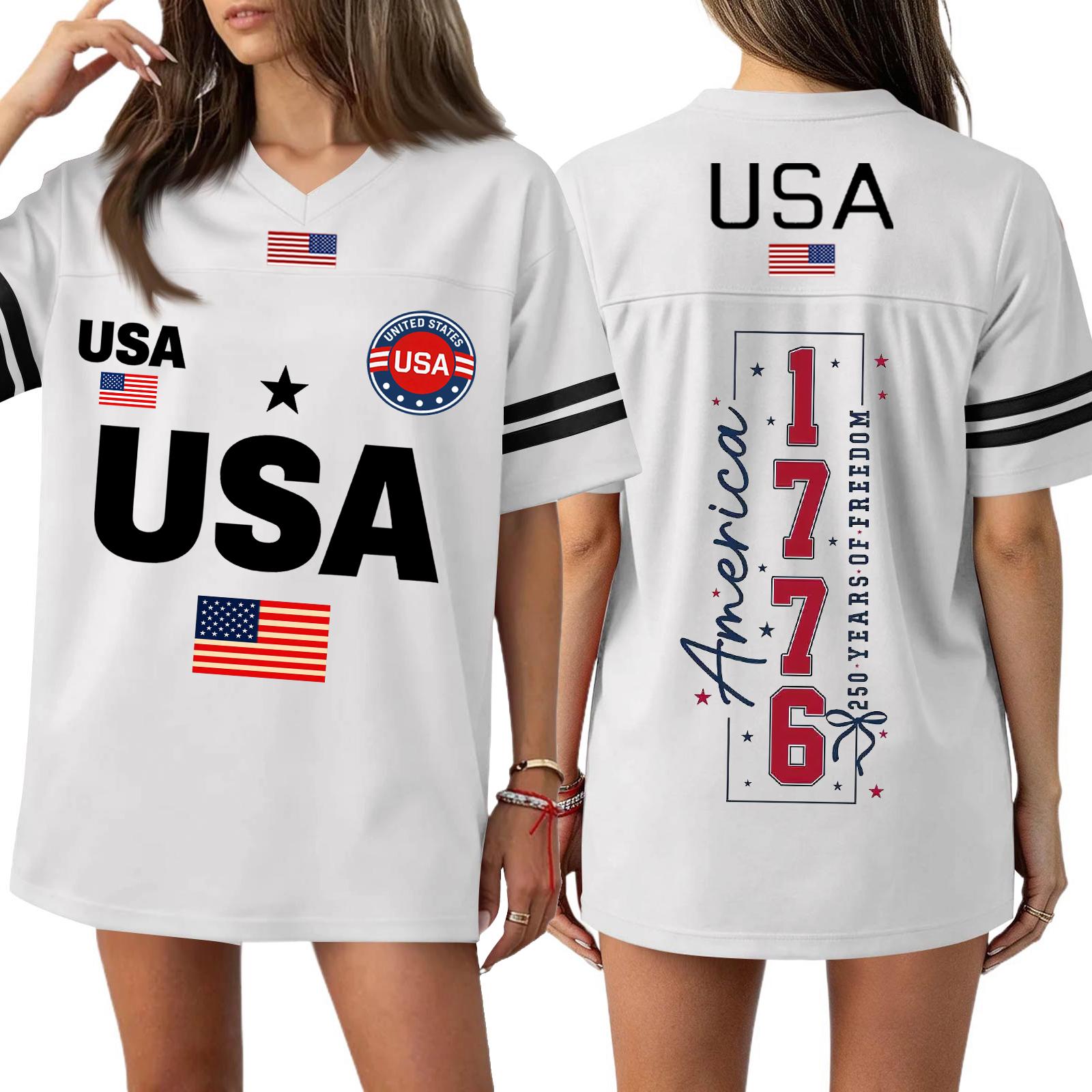 

Women’s Short Sleeve Loose Fit T Shirt Dress USA Letter Print 1776 Graphic Casual Top Comfortable Soft Material Crew Neck XS білий