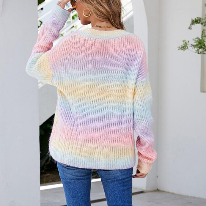 Women's Fashion Rainbow Patchwork Tie-Dye V-Neck Pullover Casual Knitted Sweater