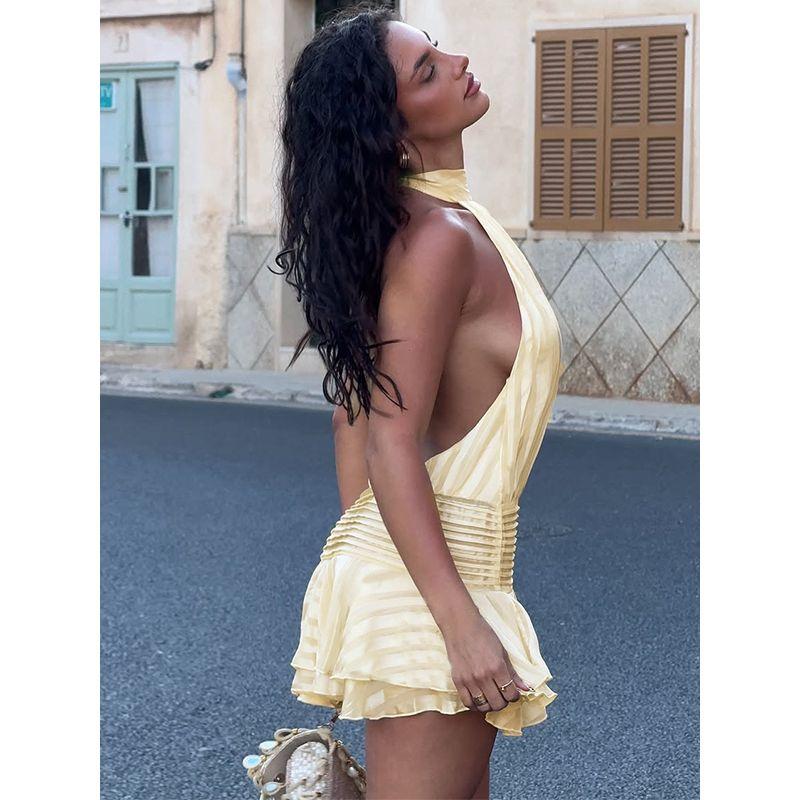 Gusty French Style Pure Desire Sexy Style Yellow Halterneck Dress Women's Summer Vacation Style Satin Tight Waist A- line Skirt
