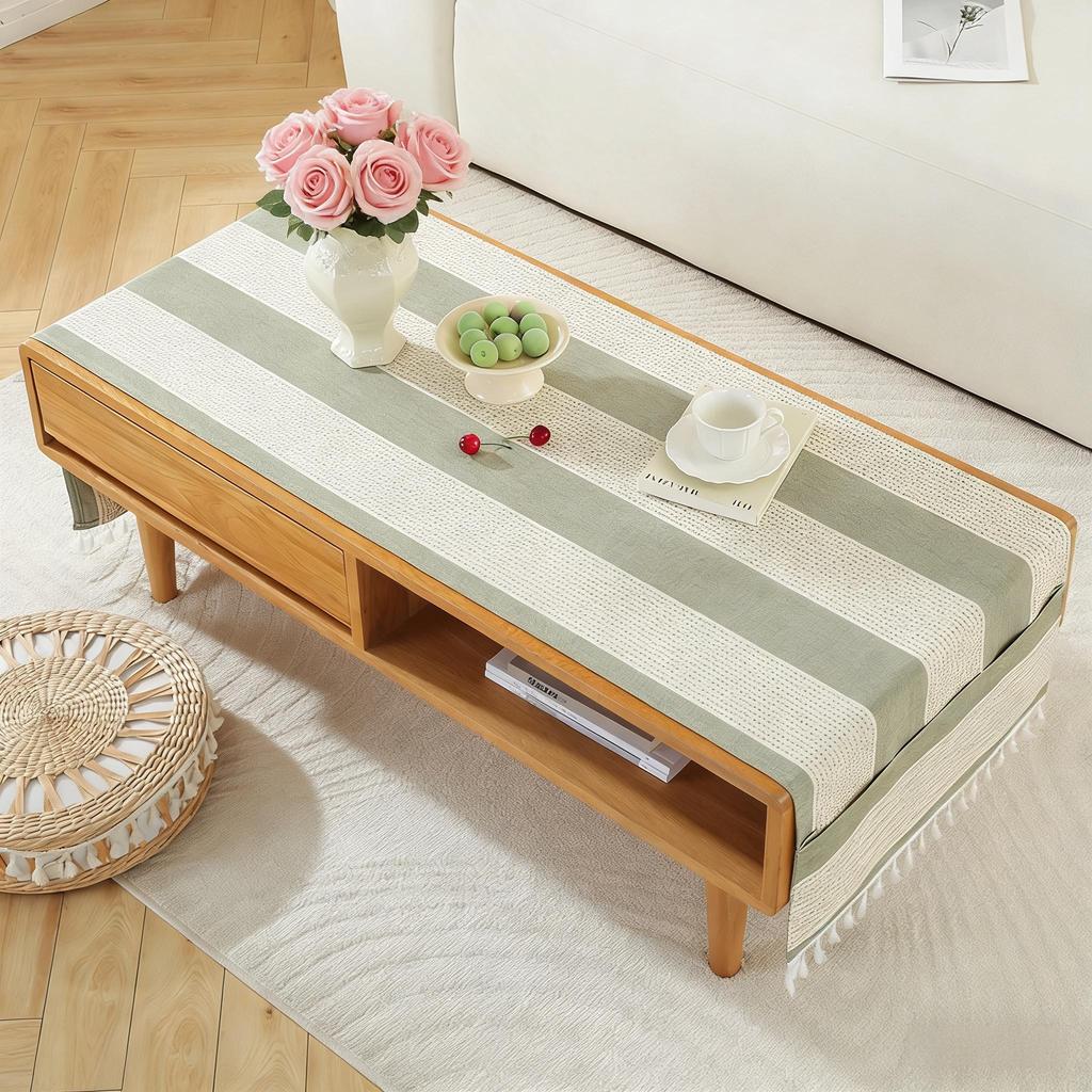 Machine Washable Cotton Linen Tassel Coffee Table Tablecloth with Pockets