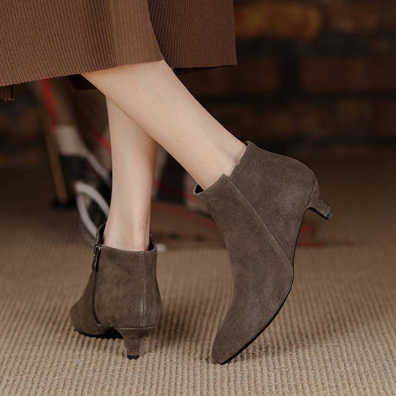Krazing Pot Cow Suede Winter Round Toe Med Thin Heels Modern Boots Women Big Size 43 Zipper Basic Clothing Ankle Boots