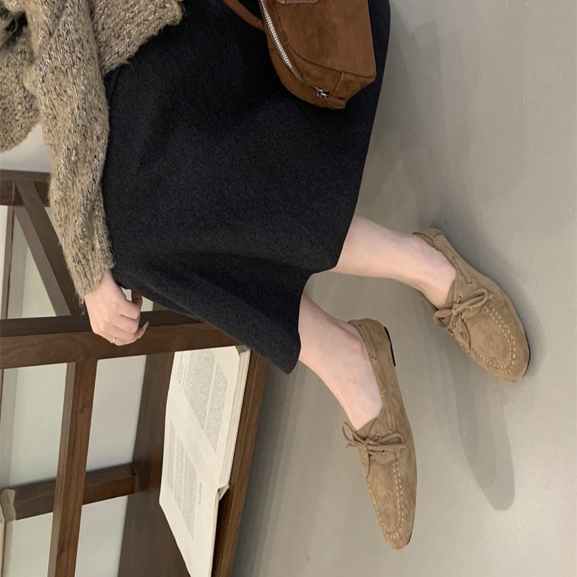 2025 spring new matte leather soft-soled bow loafers versatile retro style one-pedal square head single shoes