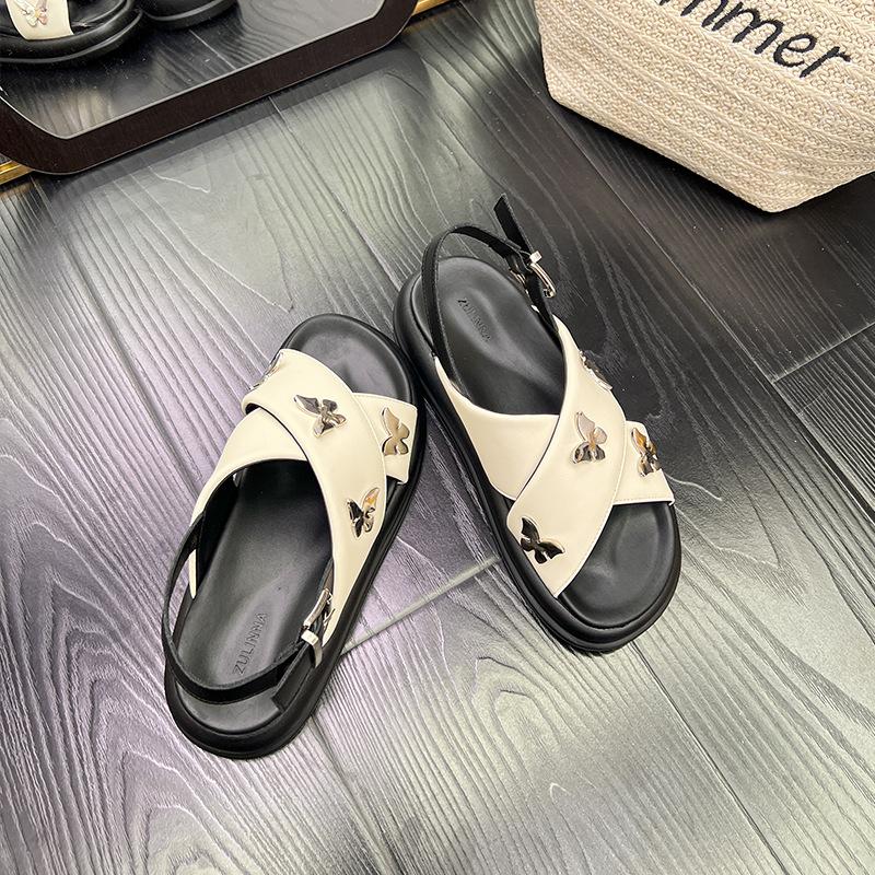 

Босоножки на платформе с перекрестными ремешками и пряжкой-бабочкой, женские, новые летние, из коровьей кожи, повседневные, универсальные, плоские, пляжные туфли 35