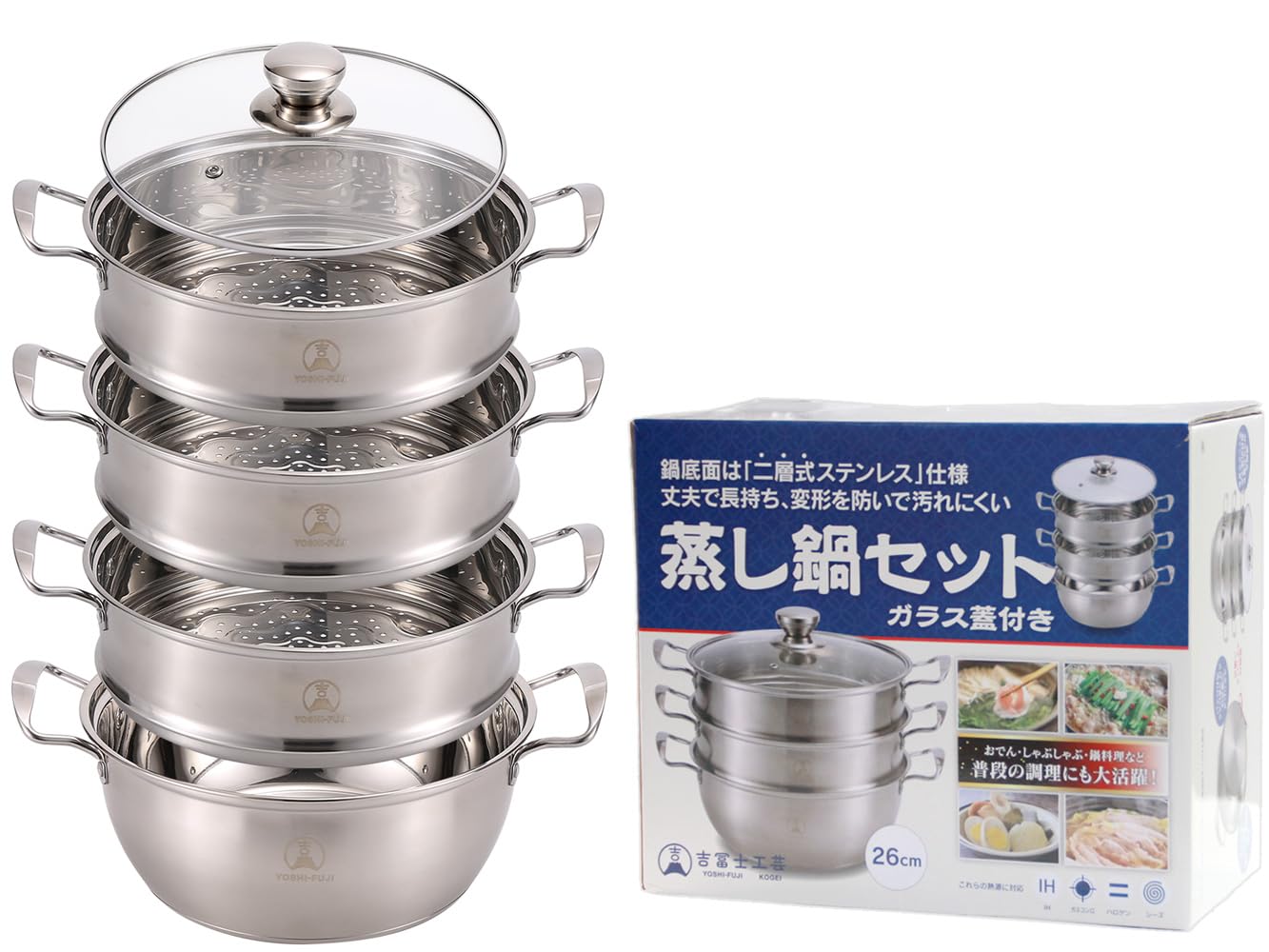 

Yoshifuji Crafts 26cm Steamer with Glass Lid, IH Compatible, Stainless Steel, Double-Layered Bottom to Prevent Deformation, Suitable for Oden and Hot