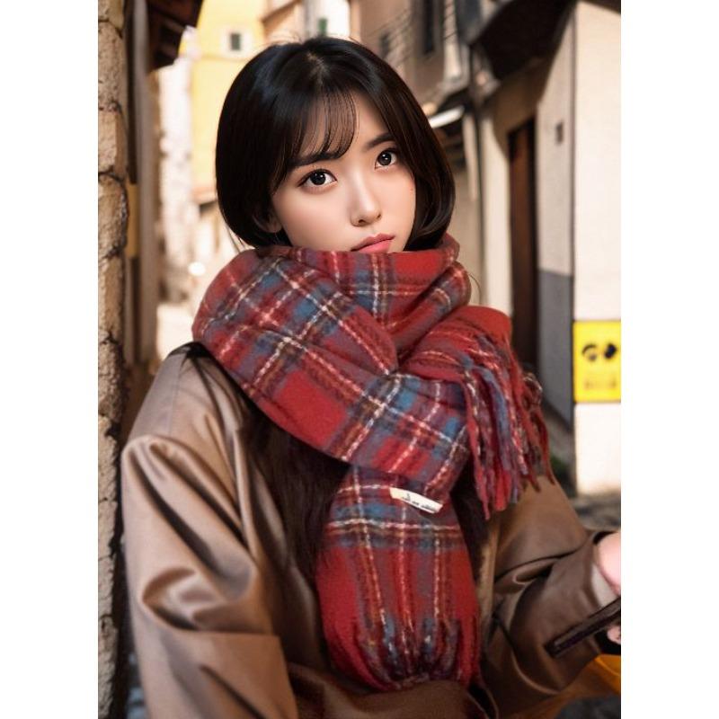 British retro scarf, Christmas red apple atmosphere, girls' high-value plaid soft waxy scarf, warm in winter