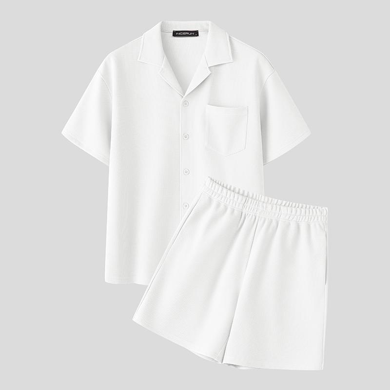 INCERUN Two Pieces Men Short Sleeve Buttons Shirts Short Pants Texture Casual Sets