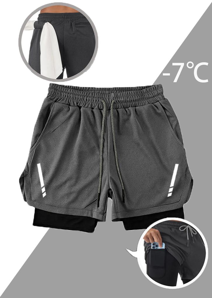 Men 2 In 1 Printed Quick Dry Sports Shorts Gym Workout Outdoor Shorts With Towel Hanging