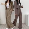 2 Teile/satz Frauen Mantel Hosen Set Revers Einreihige Strickjacke Langarm Jacke Breites Bein Hohe Taille Gerade Hose Dame Formale Pendler Outfit