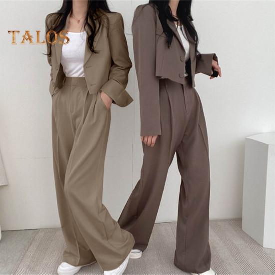 2 Teile/satz Frauen Mantel Hosen Set Revers Einreihige Strickjacke Langarm Jacke Breites Bein Hohe Taille Gerade Hose Dame Formale Pendler Outfit