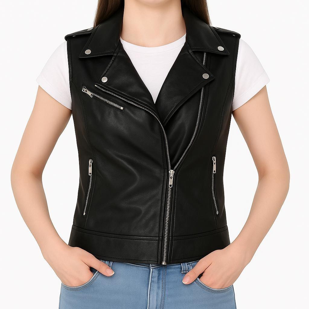 

NOORA Женский байкерский кожаный жилет из овчины Стильный кожаный жилет без рукавов - черный XL чёрный