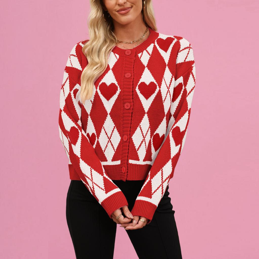 Women's Fashionable Round Neck Long Sleeved Heart-shaped Contrasting Button Casual Sweater Jacket