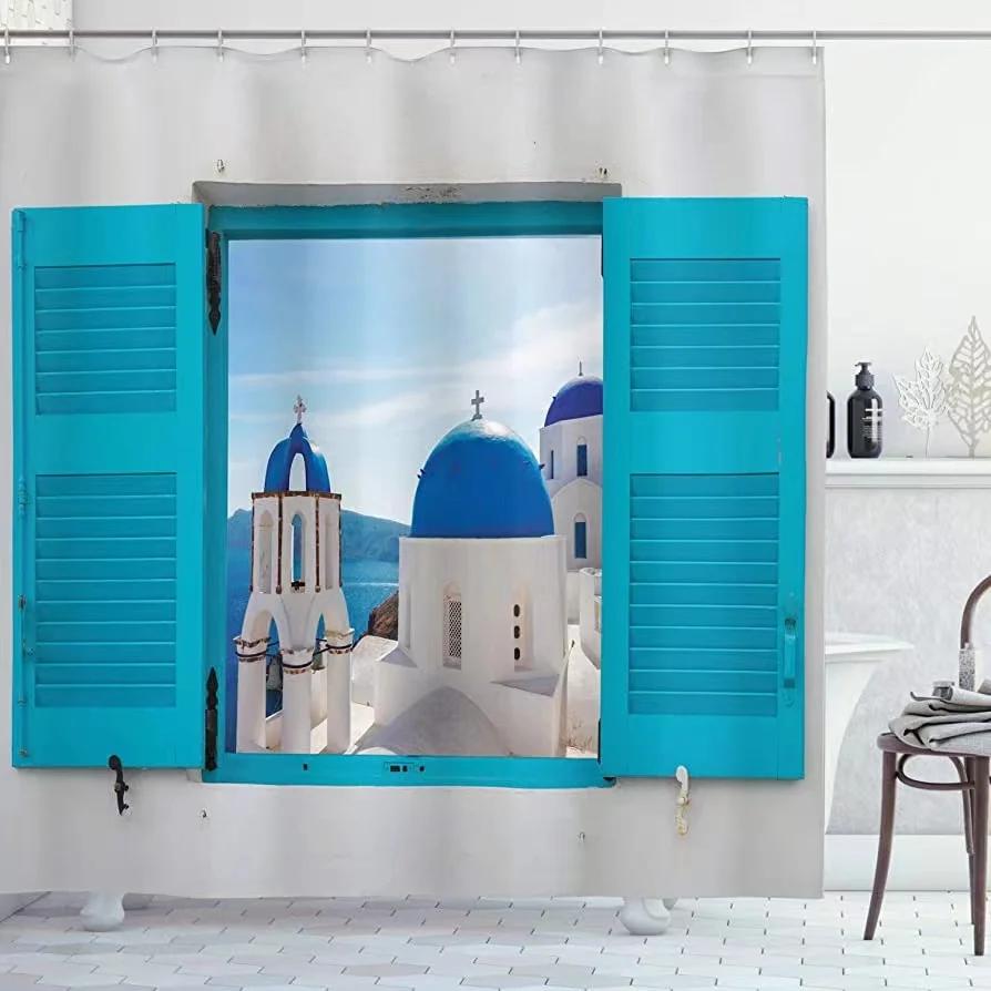 

Landscape Shower Curtains Window View of Classical Building Domes Oia Santorini Greece Trave Cloth Bathroom Decor Set With Hooks 180x180cm-70x70in