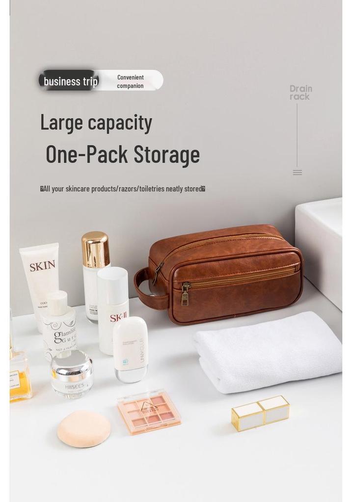 Men's Luxury PU Leather Makeup Bag - Large Capacity, Handheld, Elegant Wash Bag
