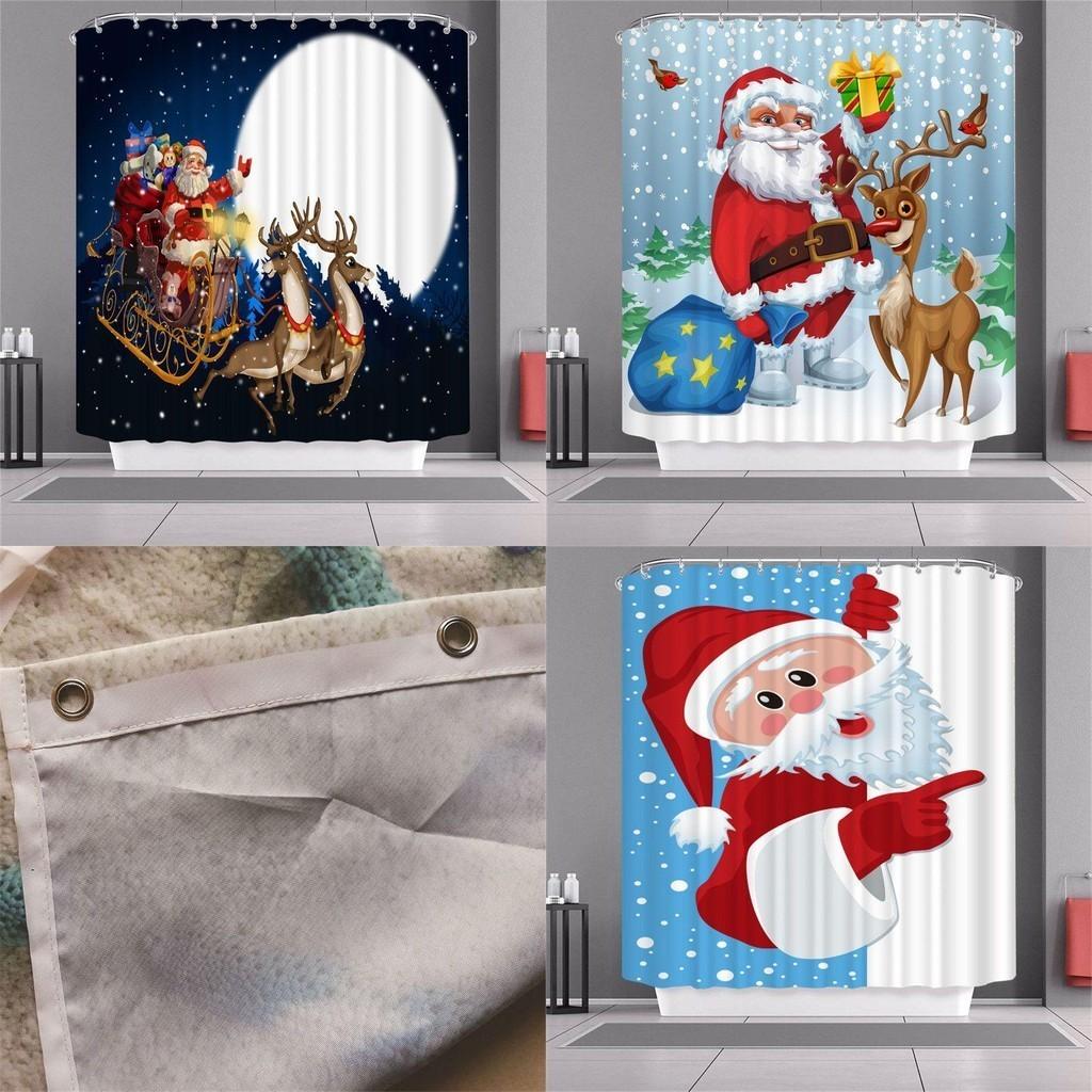Christmas Shower Curtain With Hooks Waterproof Fabric Santa Claus 3d Printing