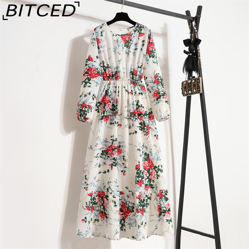 BITCED Spring Summer Bohemian Women Maxi Dress Casual Long Sleeve High Waist Beach Dress Women Floral Chiffon Dresses Vestidoes Mujer New