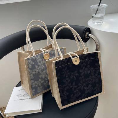 Women'S Linen Handbag Groceries  Button Tote Bag Versatile Beach Organizer Bag Portable Eco-Friendly Shopping Bag