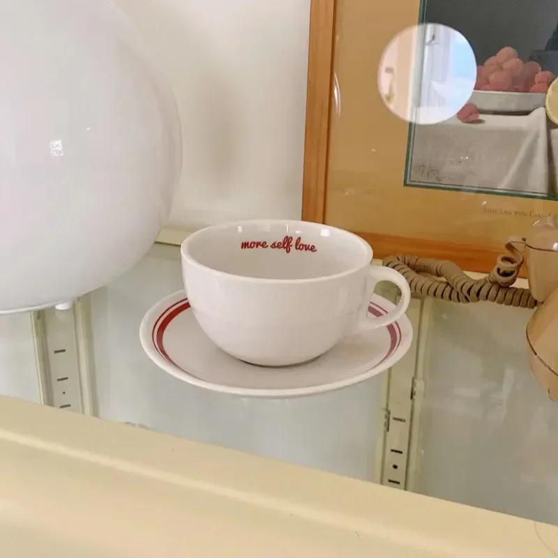 Korean Ins Style French Retro Mug Red Letter Line Ceramic Coffee Cup+plate White Milk Mug Minimalist Set Birthday Gift