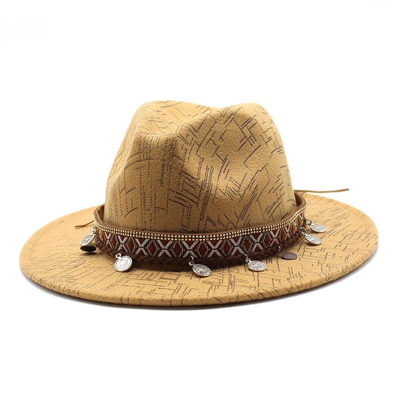 

Male And Female Couples Hats Wool Top Hats Gentleman Ethnic Style Jazz Flat Brim Big Eaves Hat M（56-58cm） верблюд