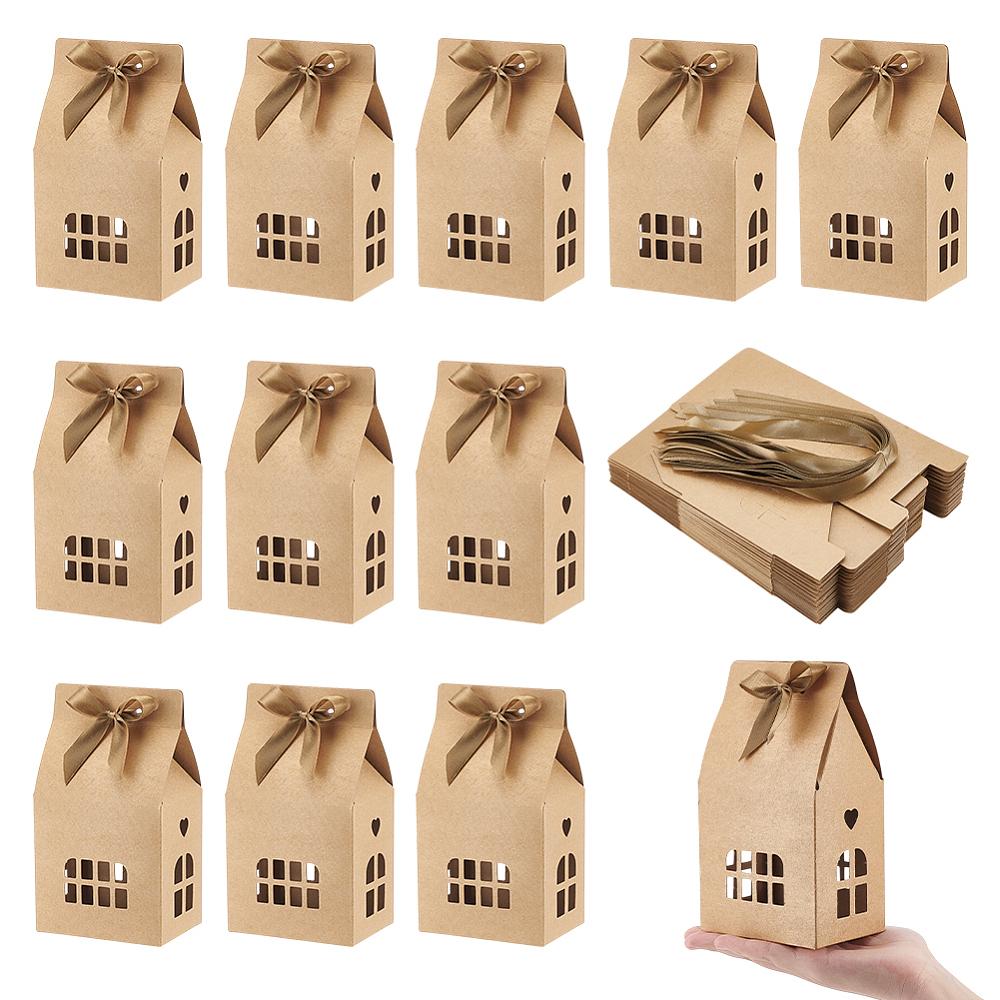 30 Adet Ev Şeklinde Kağıt Hediye Kutusu Hediye Saklama Kutusu Görünür Pencere ve Polyester Kurdeleli Kahverengi Bitmiş Ürün: 10x7x10cm