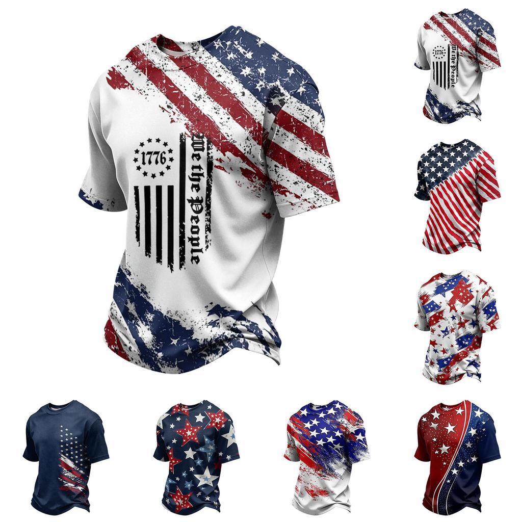 Men's Casual Short Sleeve Crew Neck T Shirt with Independence Day Star Print Graphic Pattern Lightweight Comfortable Fit