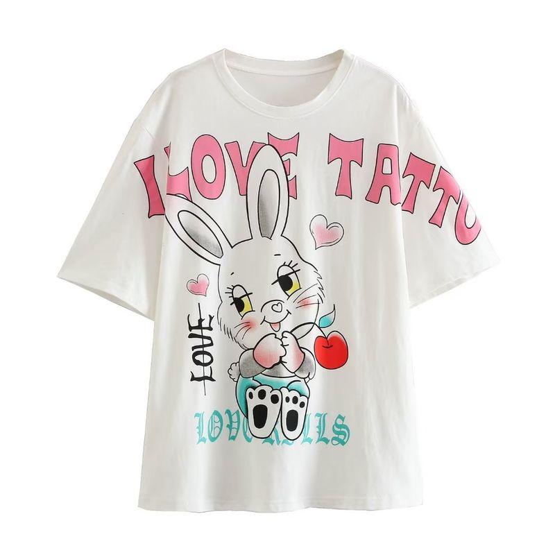 Kaslead New Arrival Women's Clothing Fashion Style Youthful-Looking Loose Cute Rabbit Print round Neck Short Sleeve T-shirt KC