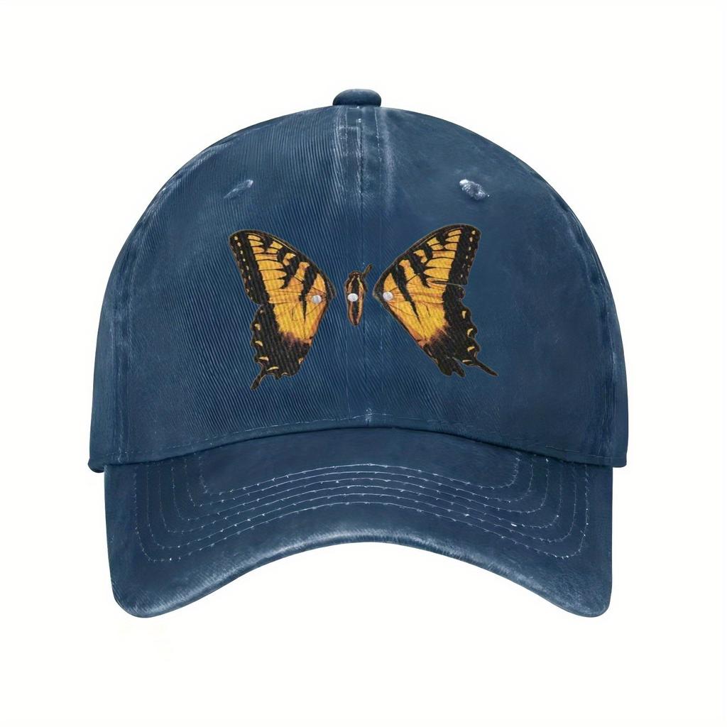 Butterfly Print Baseball Cap Unisex Adjustable Cotton Casual Sports Black Washed Hat