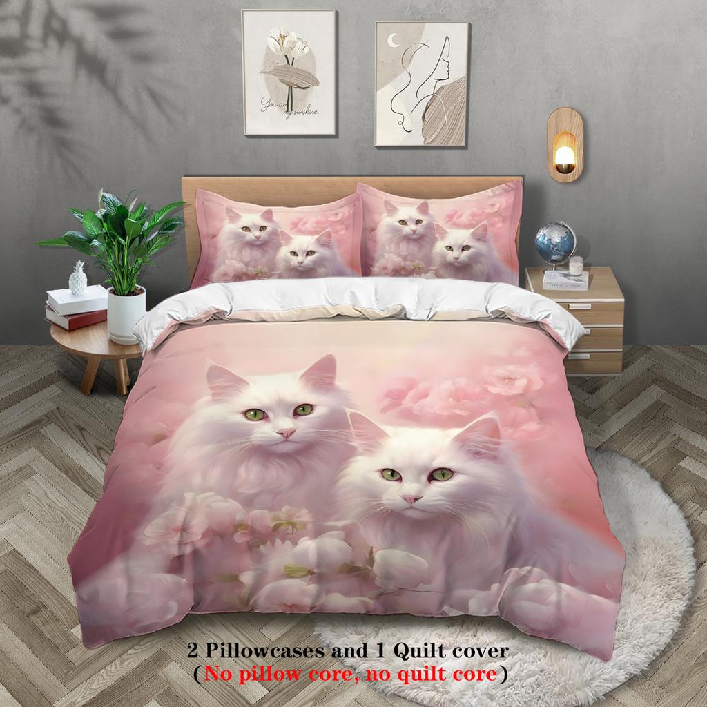 3-piece Set of Cute White Cat Pattern Print (1 Duvet Cover+2 Pillowcases, No Core) Comfortable Bedding Set