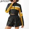 BITCED PU Leather Contrast-Colour Patchwork Sexy Leather Jacket, Stand Collar, Slim-Fit Cropped Style, Trendy Biker Jacket for Women