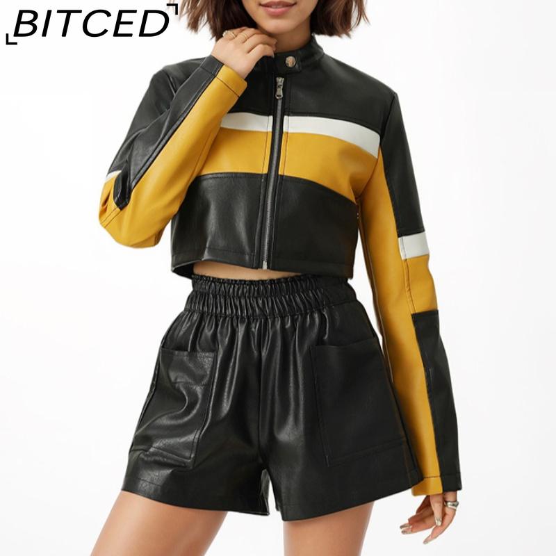 BITCED PU Leather Contrast-Colour Patchwork Sexy Leather Jacket, Stand Collar, Slim-Fit Cropped Style, Trendy Biker Jacket for Women