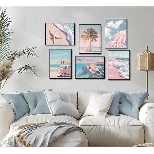 6Pcs Summer Beachy Wall Art Fresh Pink Tropical Ocean Art Print Beach Chairs Starfish Surfboard Palm Tree Wall Decor Retro Coastal Canvas Picture Bus