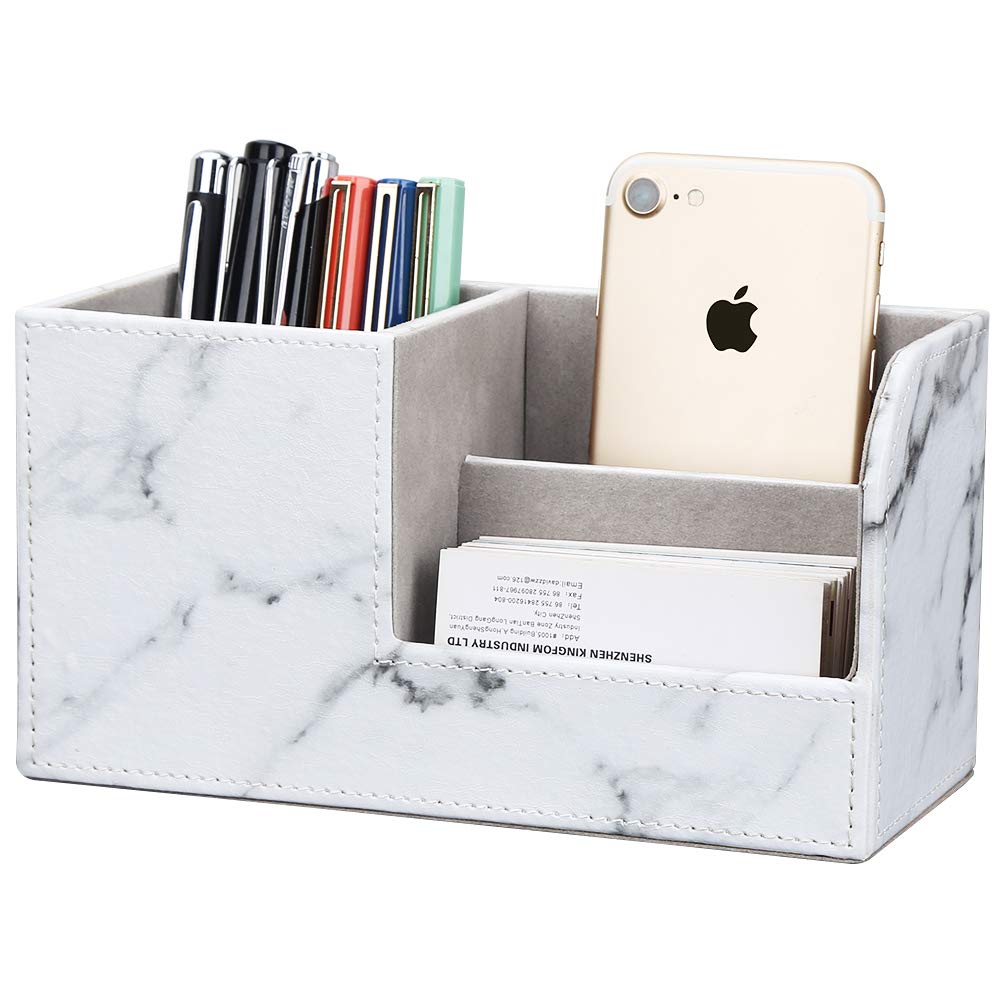 KINGFOM PU Leather Desk Stationery Organizer with Storage and Remote Control Holder Gray Marble Box, Pen/Pencil Stand, (Small, Pattern)