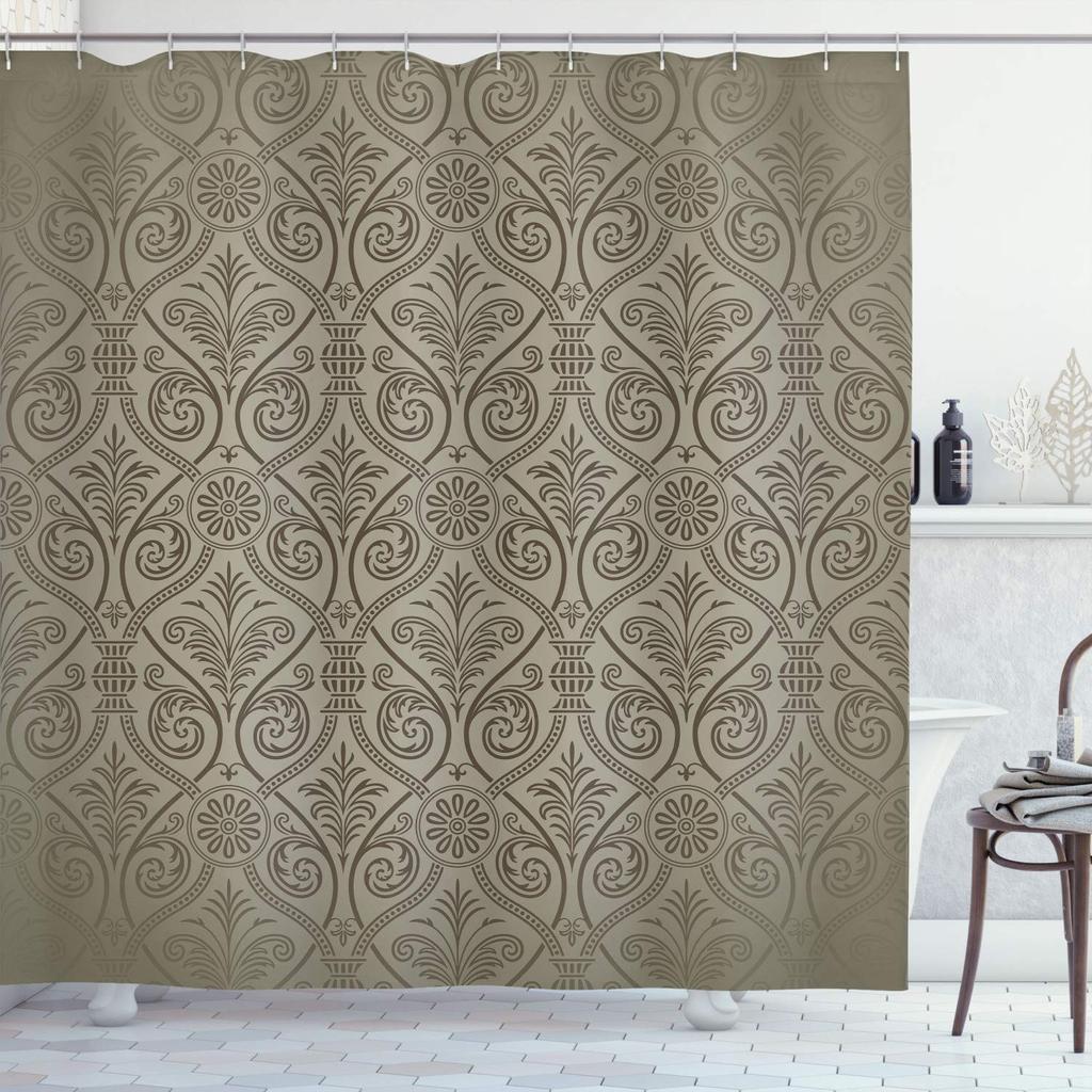 Antique Shower Curtain,Victorian Style Medieval Motifs With Classic Baroque Oriental Shapes,Cloth Fabric Bathroom Set With Hooks