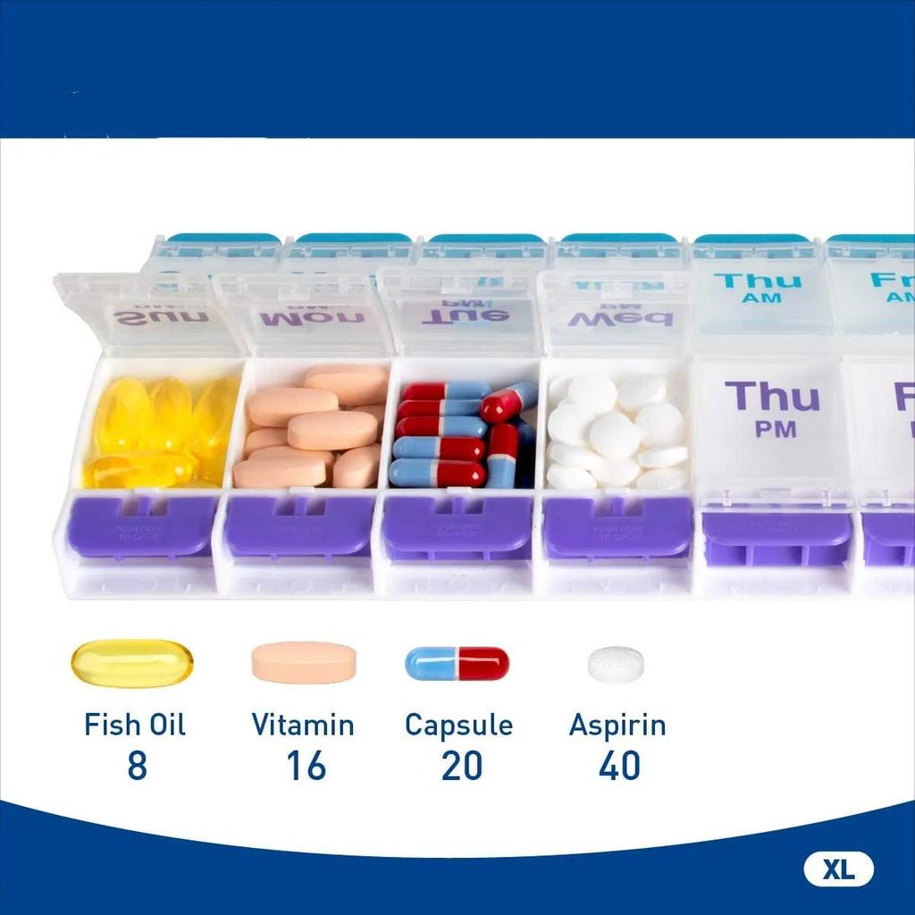 Push Button (7-Day) Pill Box Medicine Case Vitamin Organizer Weekly 2 Times A Day AM/PM Large Compartments Arthritis Friendly