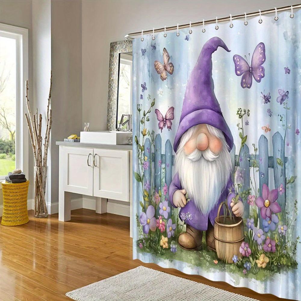 Charming Garden Gnome Shower Curtain Waterproof,Mildew-Resistant with Butterfly and Flower Design for a Whimsical Bathroom Decor